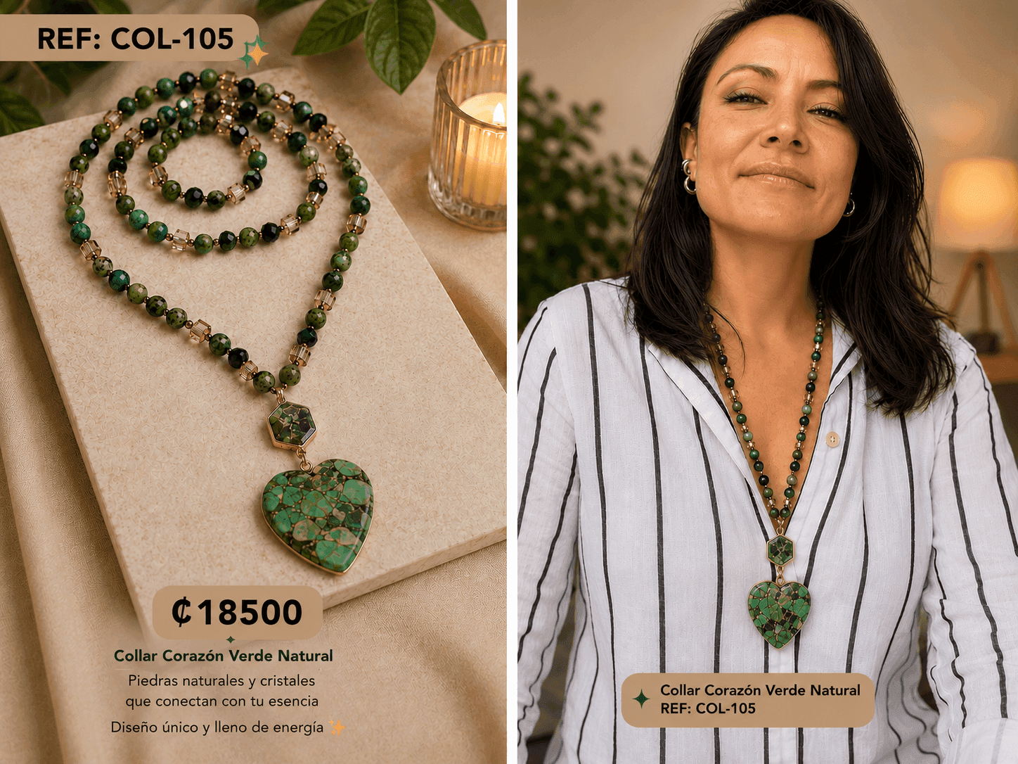 Collar de corazón verde natural